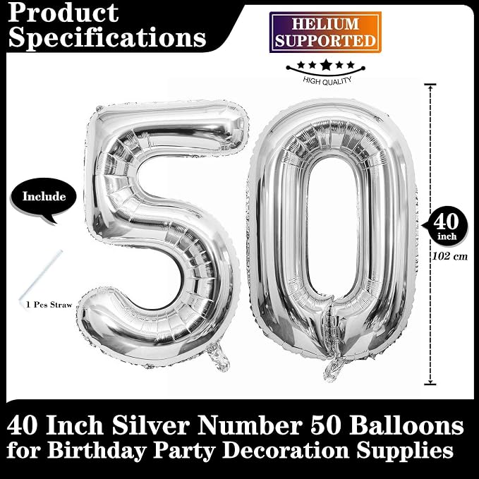 Silver 50 Number Balloons, 40 Inch Giant Number 50 Balloons Foil Mylar Helium - Image 2