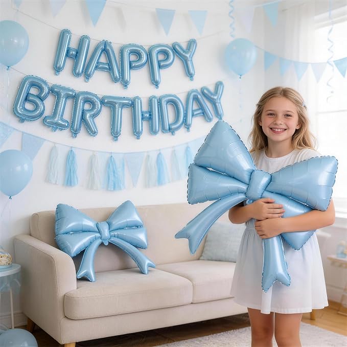 Blue Bow Happy Birthday Balloons Banner, 22 Inch Baby Blue Bow Foil Balloons - Image 2