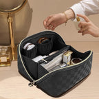 Prite Makeup Bag for Women Travel Waterproof Vegan Leather Cosmetic Bag Open Flat Toiletry Bag With Clear Divider and Handle (Plaid Black)