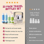 LitBear 23 Pack TSA Approved Travel Bottles for Toiletries, Leak Proof Refillable Travel Size Containers Kit with Silicone Squeezable Bottles Jars for Shampoo Lotion Conditioner, in Clear Bag, Blue