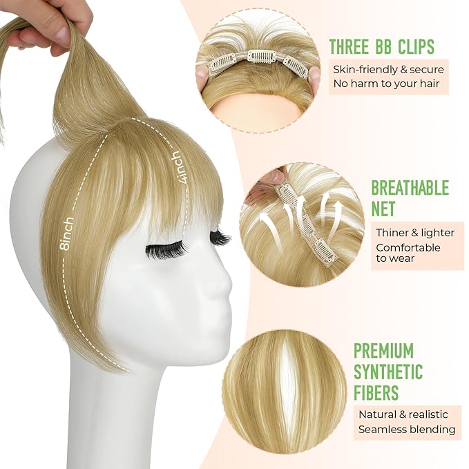 Bangs Hair Clip in Bangs 360°3D Cover Hair Topper Synthetic HairPieces for Women Ash Blonde Wispy Fake Bangs Toppers for Daily Wear