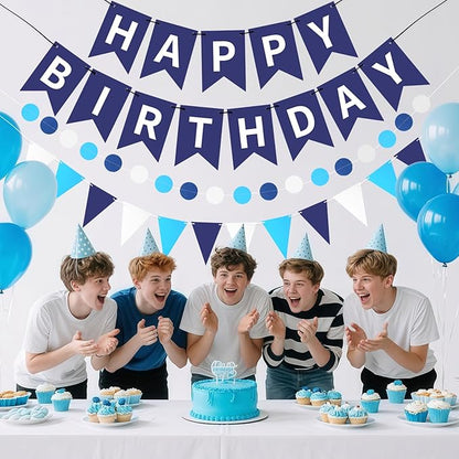 Blue Happy Birthday Banner, Happy Birthday Decorations Hanging Birthday Sign - Image 4