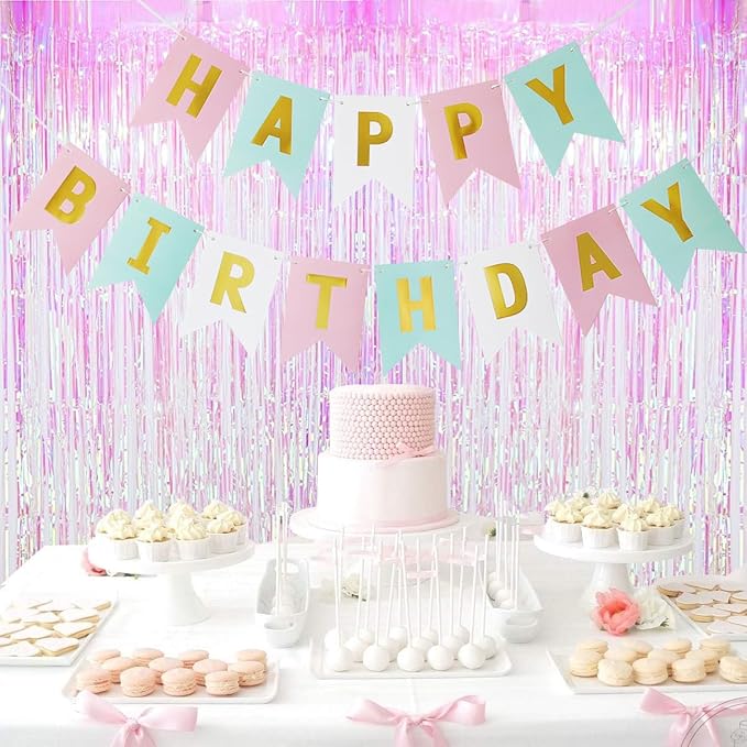 Happy Birthday Banner Birthday Party Supplies Garland Decorations Pink White - Image 5