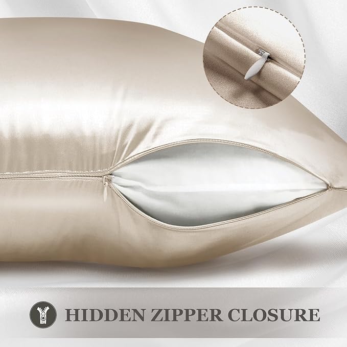 Adubor Silk Pillowcase 2 Pack for Hair and Skin with Hidden Zipper, Both Sides 23 Momme Silk Pillow Case (Beige, Standard: 20''x26'')