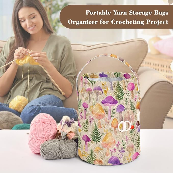 Mushroom Colorful Pattern Yarn Bag Small Crochet Bag Drawstring Yarn Storage - Image 4