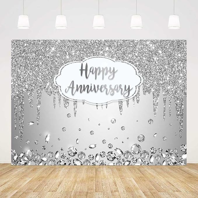 AIBIIN 7x5ft Happy Anniversary Backdrop Silver Dripping Glitter Crystals by AIBIIN