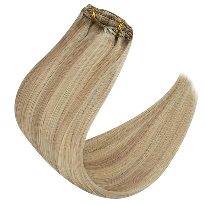 Full Shine Clip in Hair Extensions Human Hair Blonde Clip in Real Human Hair Extensions Honey Blonde Highlighted Platinum Blonde 120 G 16 Inch