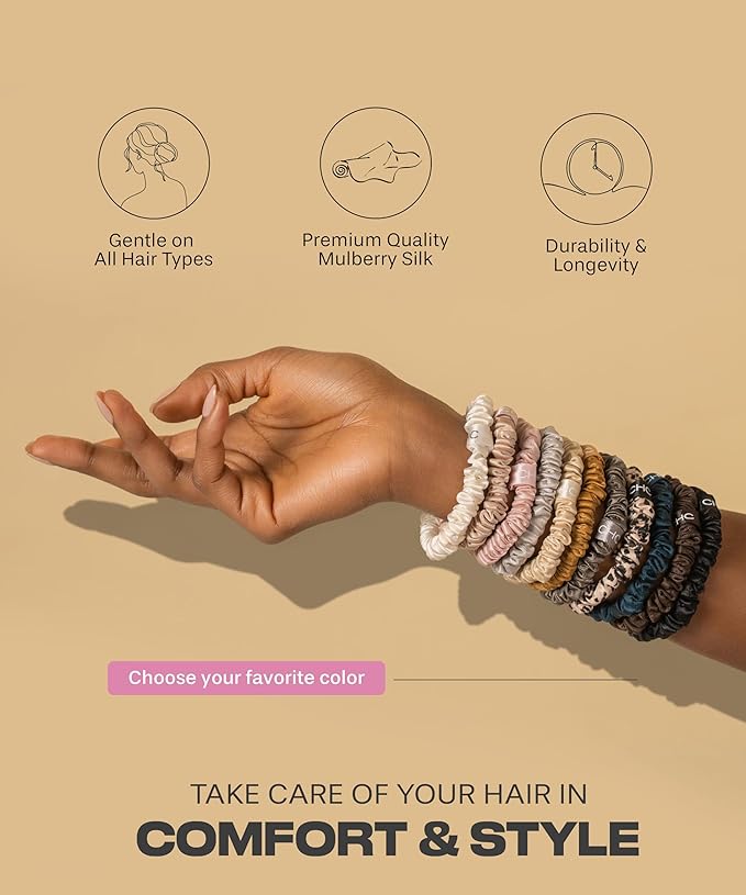 SUNDAYSILKS™ Luxurious Mulberry Silk Scrunchies for Women & Girls | No-Slip, Silky Hair Ties for Natural, Curly, Thin or Thick Hair | Gentle Hold for Ponytails & Sleep | Mini to Large Sizes [6 Pack]