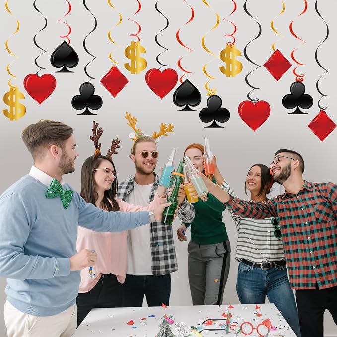 60 Pack Casino Theme Party Decorations Las Vegas Hanging Swirl Red Black Poker - Image 5