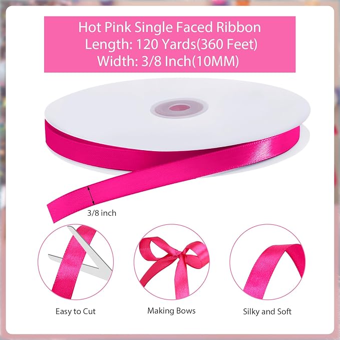 woric 120 Yards Hot Pink Ribbon 3/8 Inch Thin Pink Satin Ribbon | Bachelorette - Image 2