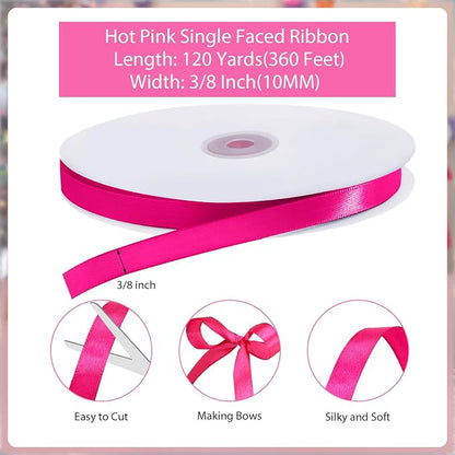 woric 120 Yards Hot Pink Ribbon 3/8 Inch Thin Pink Satin Ribbon | Bachelorette - Image 2