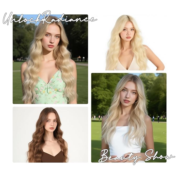 Long Blonde Wavy Wig with Curtain Bangs for Women 26 Inch Synthetic Wig Natural Looking Heat Resistant Fiber Wigs for Daily Party Halloween Cosplay Use