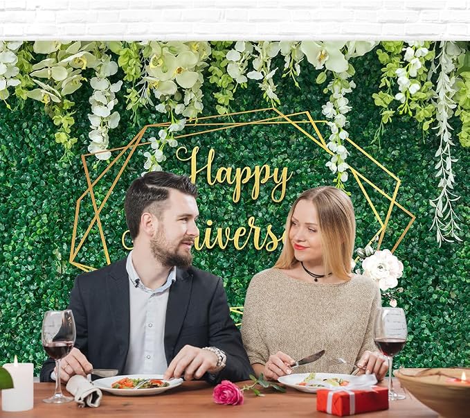 Happy Anniversary Banner Backdrop Decorations 5.9×3.6Ft | Green Leaves Wall - Image 4