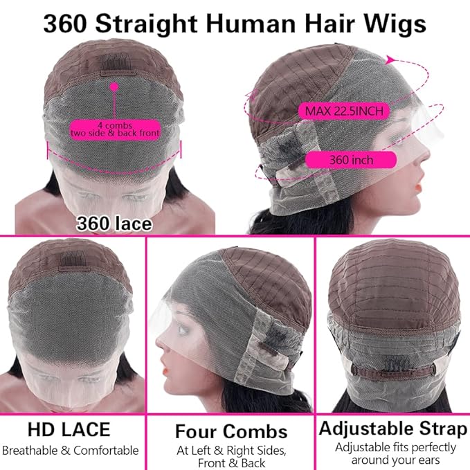 sdamey 360 Straight Lace Front Wigs Human Hair HD Transparant Full Lace Wigs For Women 200 Density Wigs Human Hair Pre Plucked With Baby Hair 12A Brazilian Virgin Hair Natural Color 18inch