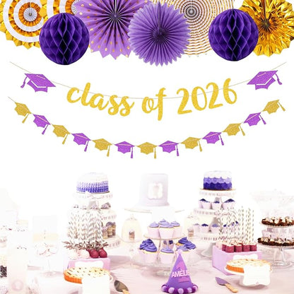 Purple-White Gold Party-Decorations Graduation Banner-Streamers - Image 7
