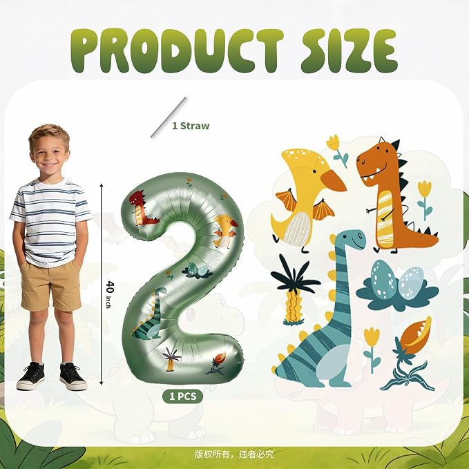 40 Inch Dinosaur Number 2 Balloon | Olive Green Number - Image 2