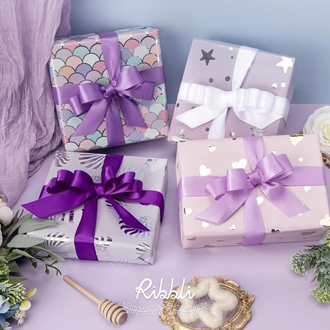 Ribbli Purple Satin Ribbon 1 Inch x 4 Rolls Total 40 Yards-White Lavender - Image 2