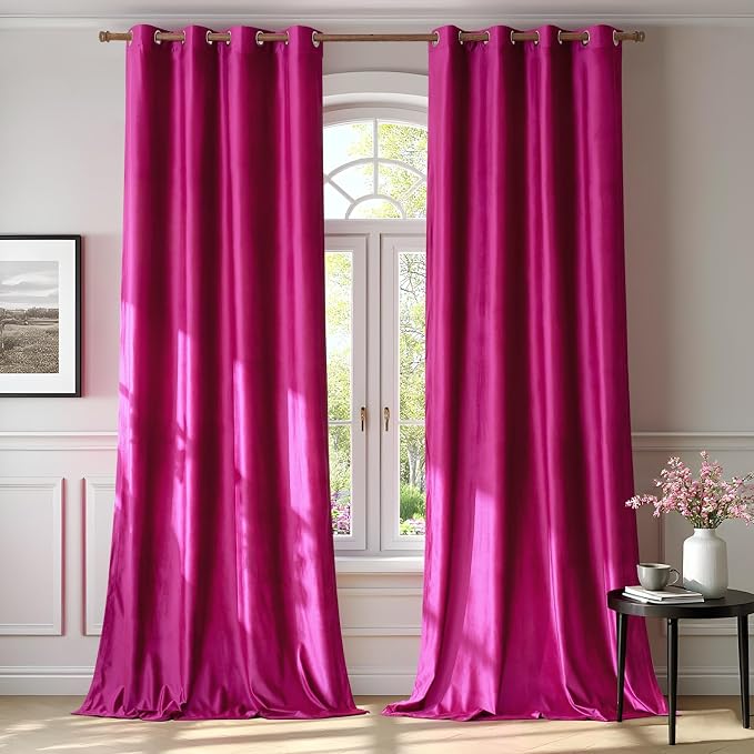 Hot Pink Velvet Blackout Curtains 102 inch by ModernShinyVelvetCurtains