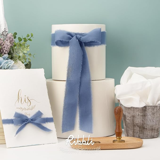 Ribbli 3 Rolls Dusty Blue Ribbon 1.5 Inch x 18Yards Handmade Cotton Frayed - Image 3