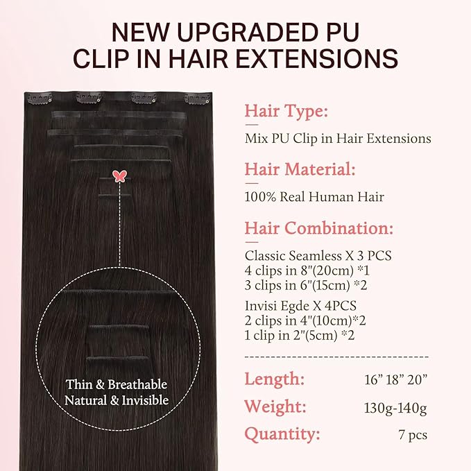 DOORES Clip in Hair Extensions Set 20 Inch 140g, 4pcs Invisi Edge Clip ins and 3pcs Classic Seamless Clip ins, Injected Virgin Real Human Hair Extensions Natural Invisible Straight, #2