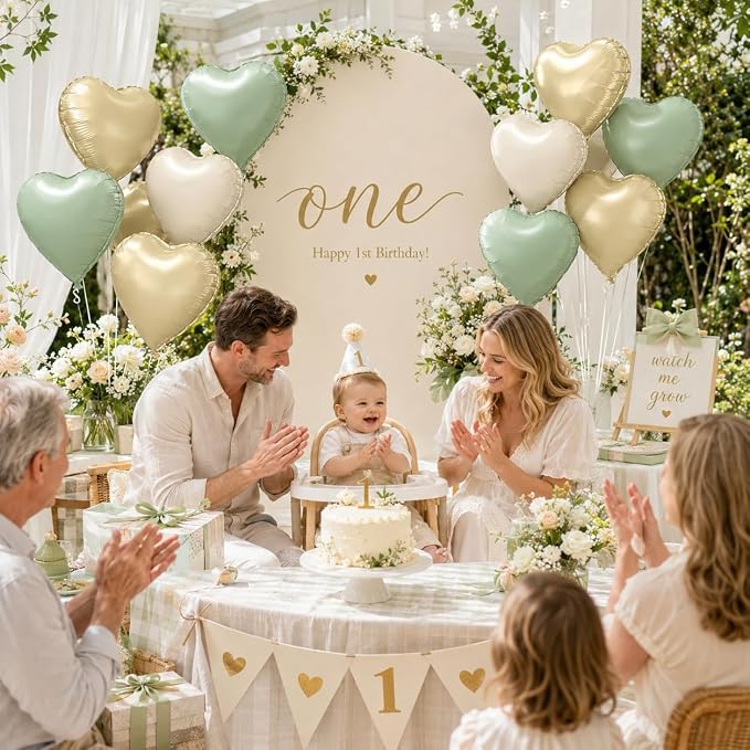Sage Green Gold Heart Balloons, 18Inch Cream White Helium Balloon - Image 3