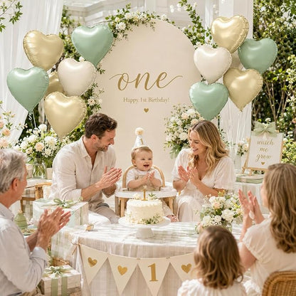 Sage Green Gold Heart Balloons, 18Inch Cream White Helium Balloon - Image 3
