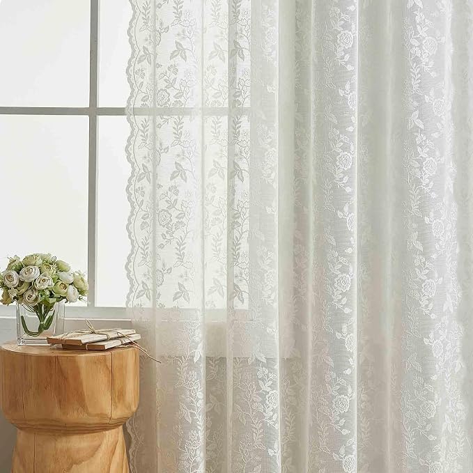 FINECITY Ivory Lace Curains for Bedroom Rustic Floral 52 x 90 Inch 2 Panels | - Image 6