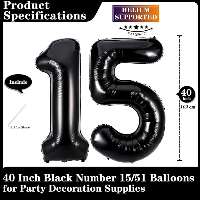 Black 15 Number Balloons, 40 Inch Giant Number 15 Balloons Foil Mylar Helium - Image 2