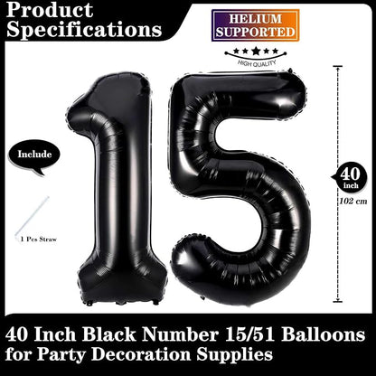 Black 15 Number Balloons, 40 Inch Giant Number 15 Balloons Foil Mylar Helium - Image 2