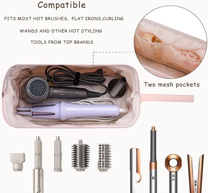 Large Quilted Hair Tools Travel Bag with Bow Pattern,Waterproof Hair Styling Accessories Storage Case for Shark FlexStyle, Dyson Airwrap Hair Dryer, Curling Iron, Revlon Hair Tools(Pink)