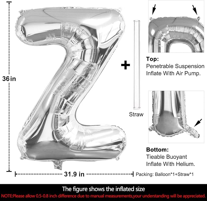 Lovoir 40 Inch Large Silver Letter Z Balloons Big Size Jumbo Mylar Foil Helium - Image 2