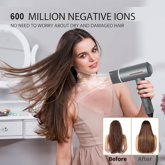 Hair Dryer, 180000 RPM High-Speed Brushless Motor, 1 Min Fast Drying & No Heat Damage, 600 Million Negative Ions with Concentrator & Diffuser, Salon-Level 7 Temp / 3 Speed, HD Digital Screen,Gunmetal