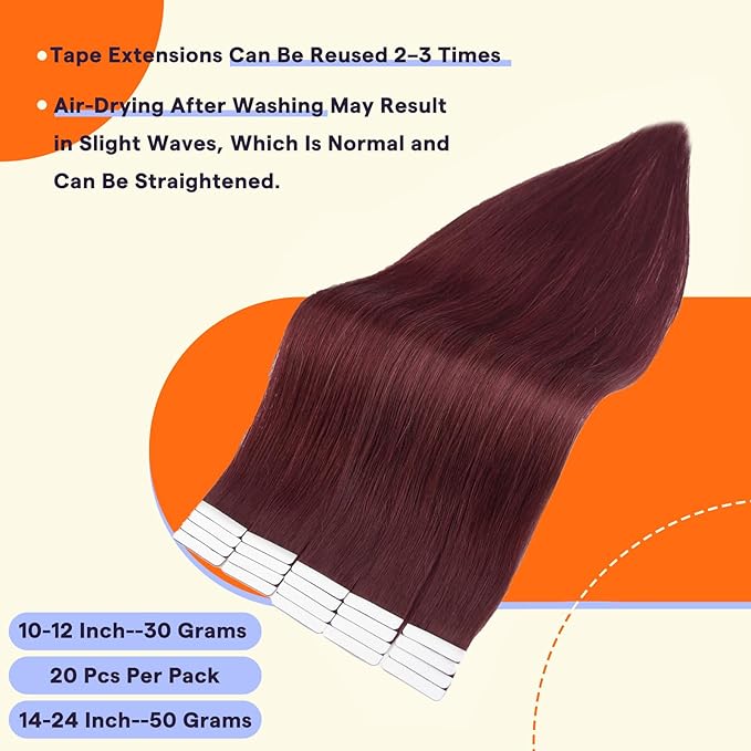 Full Shine Tape in Hair Extensions Human Hair Color 99J Red Wine 18 Inch Remy Seamless Skin Weft Human Hair Tape in Extensions 50 Grams Fashion Straight Invisible Soft and Silky 20PCS Add Volume