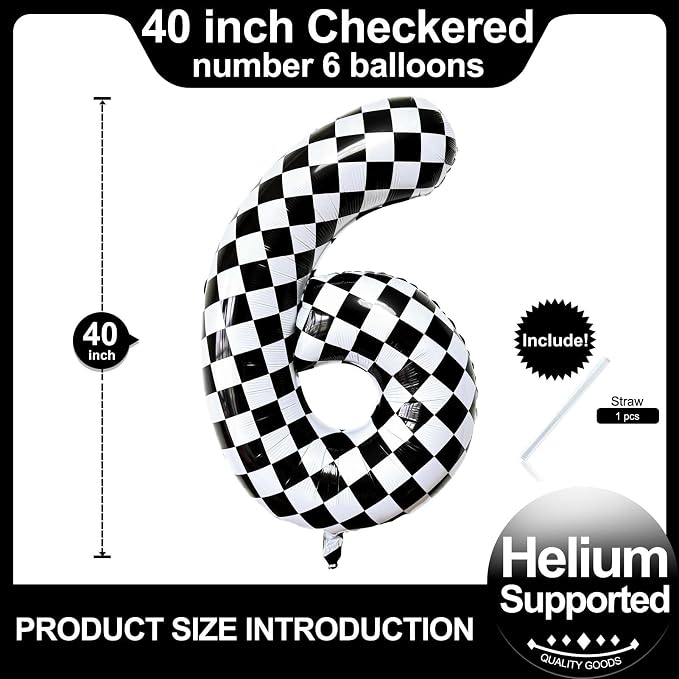 LHOAVWE Checkered Number 6 Balloons 40 Inch Giant Race Car Checkered 6 Balloons - Image 2