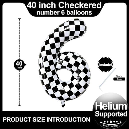 LHOAVWE Checkered Number 6 Balloons 40 Inch Giant Race Car Checkered 6 Balloons - Image 2
