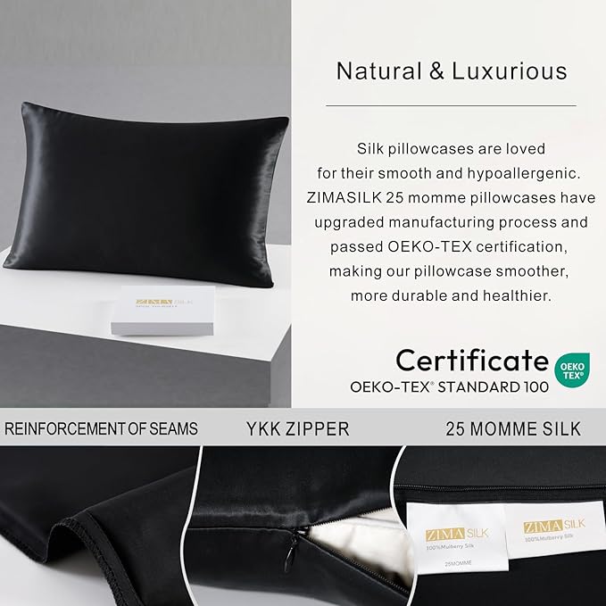 ZIMASILK 25 Momme 100% Pure Mulberry Silk Pillowcase for Hair and Skin Care, Highest Grade 6A Pillow Cases for Women, Long-Lasting Durablity, Gift for Women Men, 1Pc (Standard 20"x26", Black)