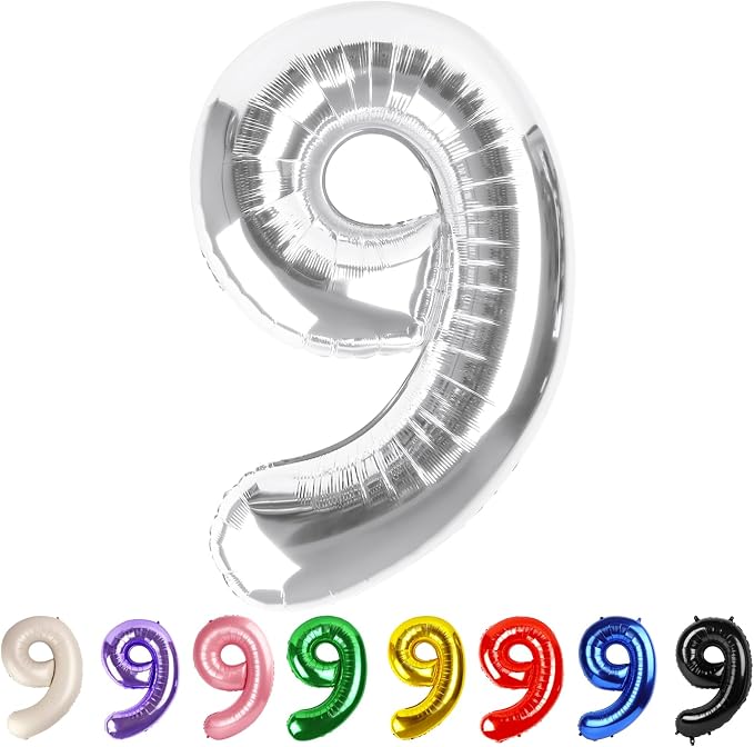 9 Balloon Numbers Party Decorations, 40In Silver Balloons by Mluchee