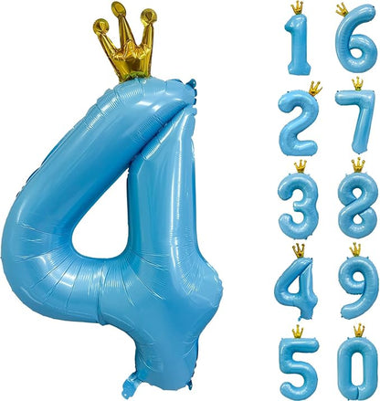 Blue Number 4 Balloon with Crown, 40 inch Blue Number Balloon 4th Birthday by Yeodong
