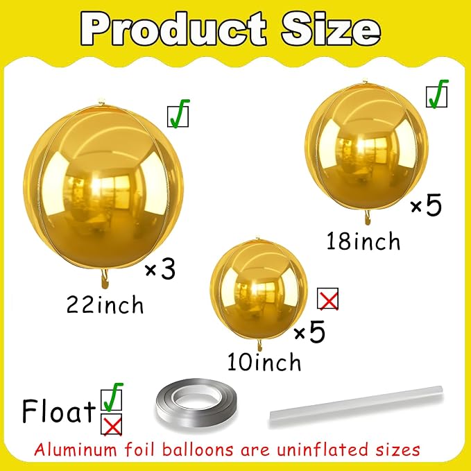 13pcs Gold 4D Balloons 22" 18" 10" 4D Gold Ball Balloon Golds Metallic Foil - Image 2
