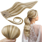 RUNATURE Human Hair Ponytail Extension Golden Blonde 14 Inch Ponytail Extensions Human Hair Light Blonde Highlighted Wrap Around Ponytail Human Hair Extensions Short Pony Tails Hair Extensions 70g