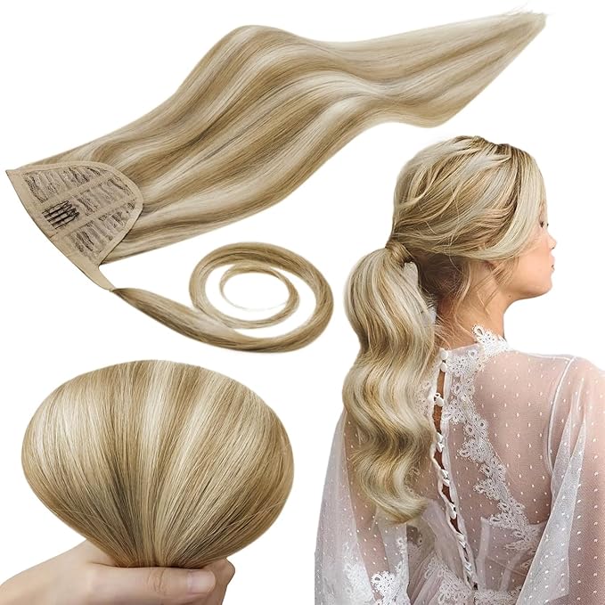 RUNATURE Blonde Hair Ponytail Extension, Real Human Hair Ponytail Extension, Natural Remy Hair for Women, Easy to Install, Long Ponytail 20 Inch 80g #16P22 Beige Blonde Highlights