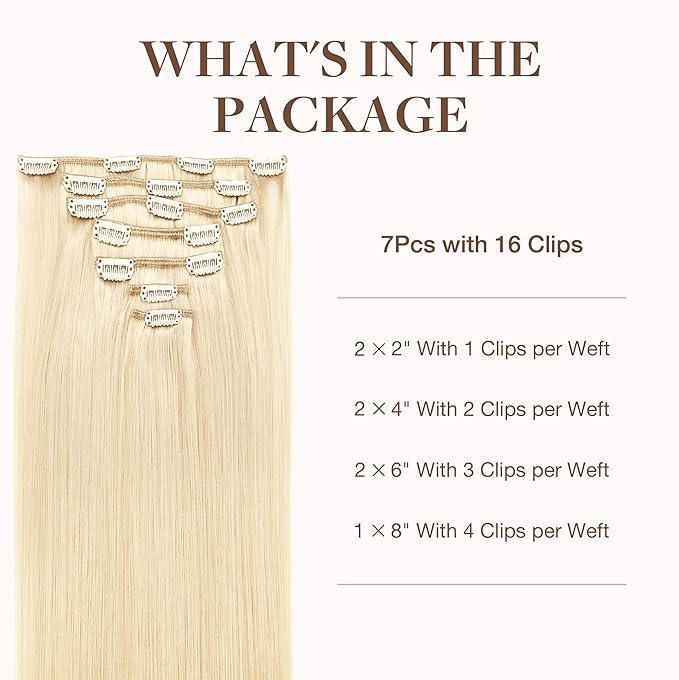 GOO GOO Clip in Hair Extensions Real Human Hair, Remy Human Hair Extensions Clip ins for Women, Natural Human Hair, 14inch 120g 7Pcs, 613R Bleach Blonde