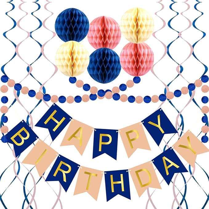 Navy Rose Gold Birthday Decorations | Happy Birthday Banner, Paper Honeycomb by ALLFUN