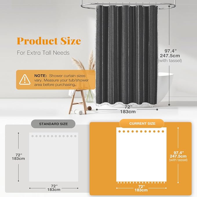 72x96 Extra Long Boho Linen Heavy Duty Shower Curtain, Charcoal Grey | Extra - Image 3