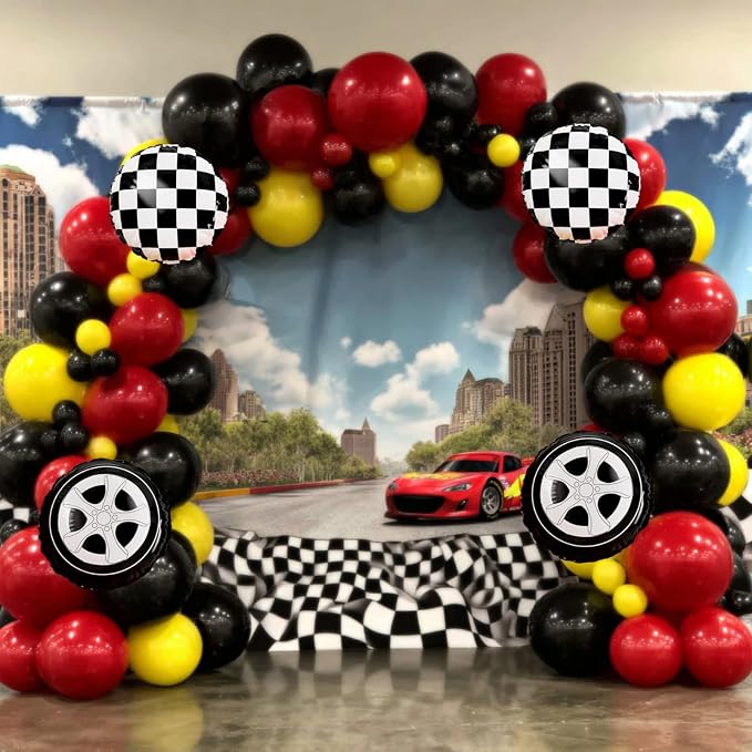 Race Car Balloon Garland Arch Kit 157Pcs Red Black Yellow Checkered Wheel - Image 7