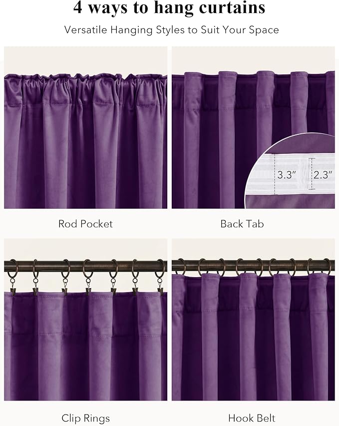 Purple Velvet Curtains for Grils Bedroom Nursery, W52 x L108, Modern Back Tab - Image 2