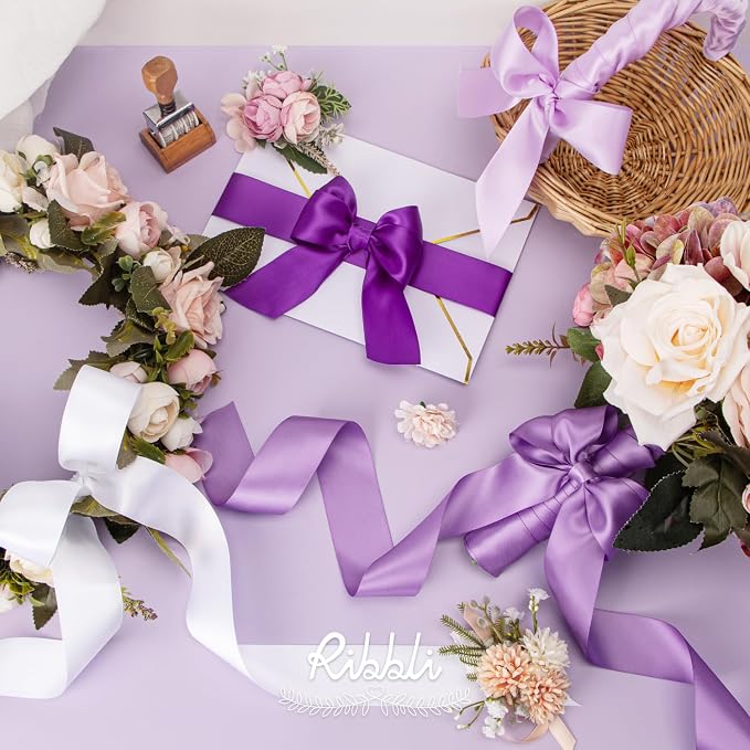 Ribbli Purple Satin Ribbon 1-1/2 Inch x 4 Rolls Total 40 Yards-White Lavender - Image 3