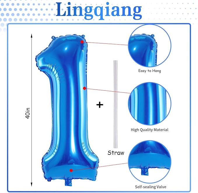 40'' Blue Number 1 Balloons, Giant Self Inflating Foil Number Balloons Set 0-9 - Image 2