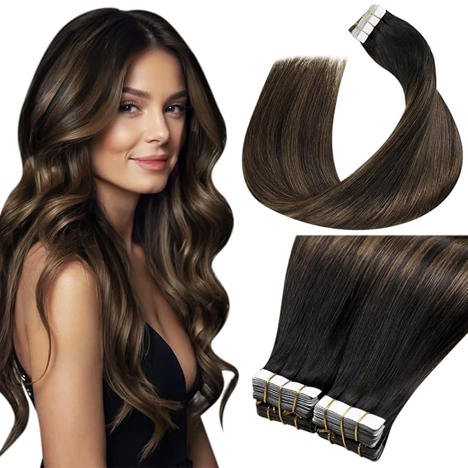 LaaVoo Tape in Hair Extensions 24 Inch Hair Extensions Real Human Hair Tape in Balayage Ombre Dark Brown to Light Brown 40pcs 100g