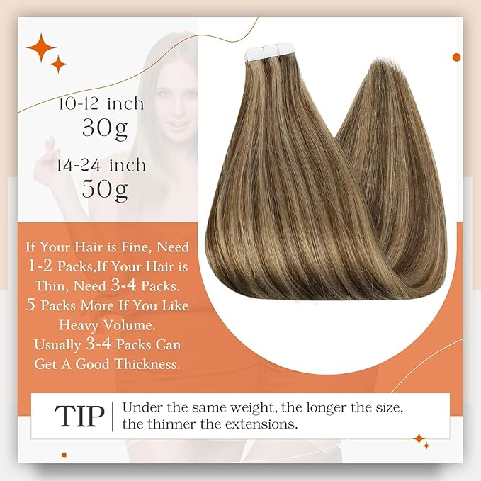 Full Shine Tape in Extensions Human Hair Medium Brown Highlighted Honey Blonde Tape ins Human Hair 14 Inch Real Human Hair Extensions Tape ins 50 Gram 20 Pcs Seamless Skin Weft Hair Extensions 4P27